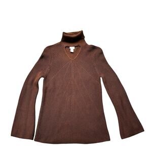 Chico's Brown Cotton Blend Keyhole Turtleneck Bell Sleeve Mix Stitch Sweater XS